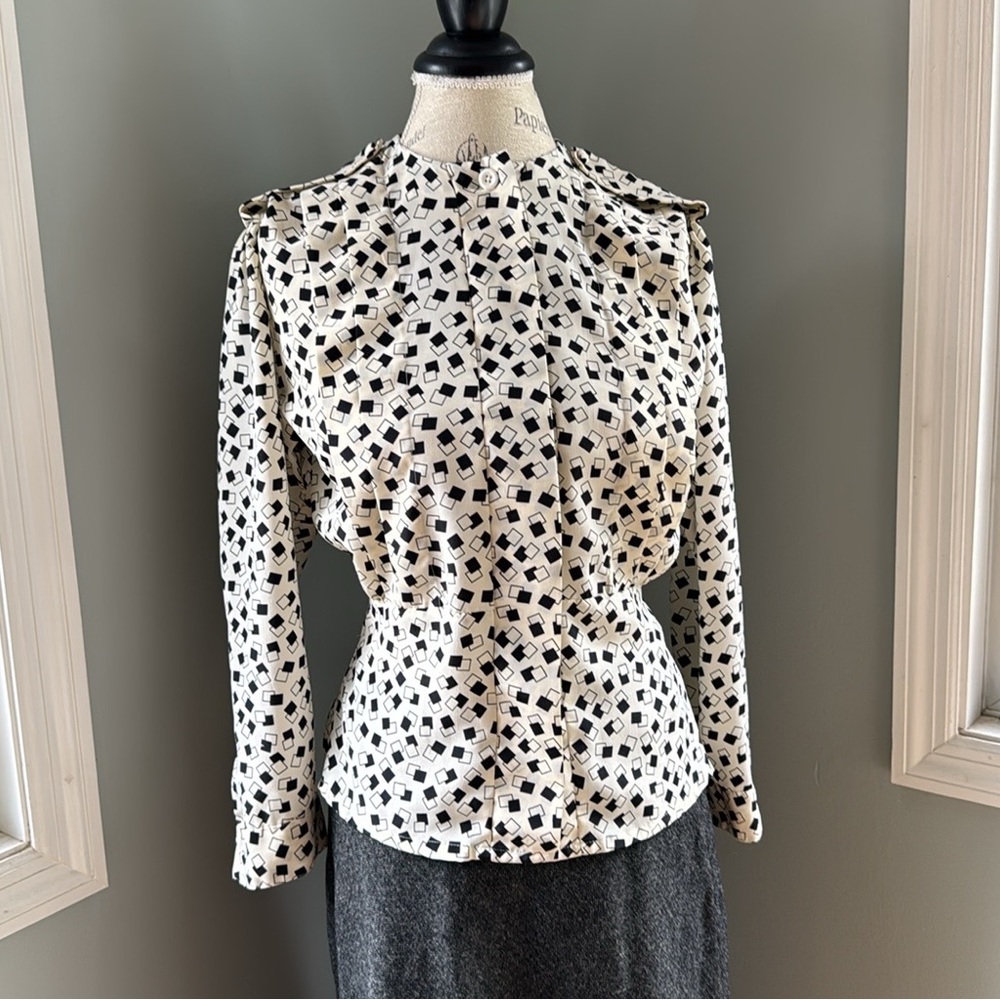 Vintage Worthington peplum button-down top ivory/black geometric EUC SMALL - Picture 1 of 12